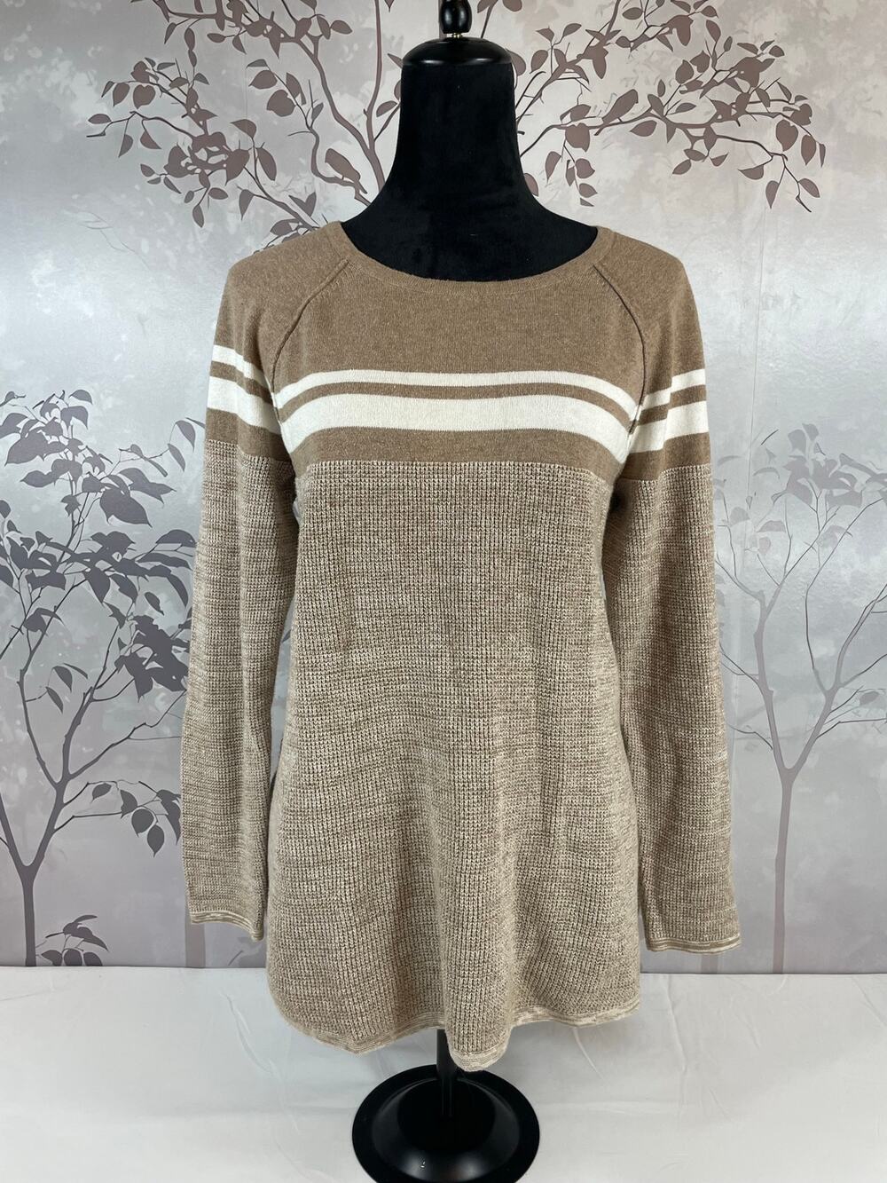 Karen Scott Womens M Tan White Stripe Raglan Waffle Knit Tunic Sweater Top